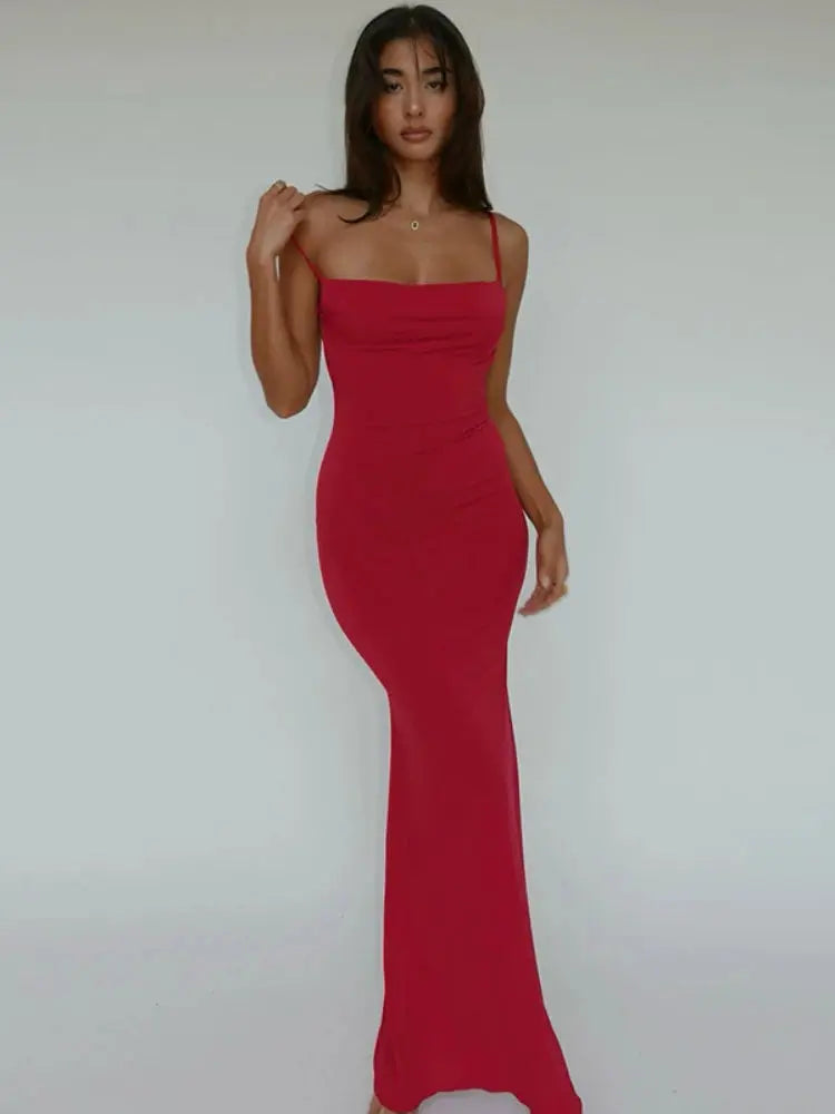 WeiYao Sexy Slim Backless Camisole Dress Solid Color Sleeveless Slash Neck A-line Maxi Dresses For Women Summer Women's Clothes Sunrise-sunsetsales