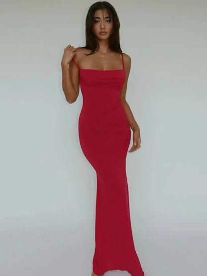 WeiYao Sexy Slim Backless Camisole Dress Solid Color Sleeveless Slash Neck A-line Maxi Dresses For Women Summer Women's Clothes Sunrise-sunsetsales