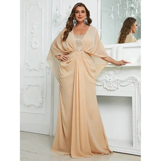 Plus Size Chiffon Elegant Shawl Shiny Long Ball Evening Gown 5XL 6XL Big Size Shawl Chiffon Apricot Sequin Evening Gown Women Sunrise-sunsetsales