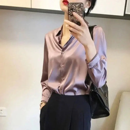 Silk Brown Clothes Wear To Work Office Outfits Long Sleeve Purple Spring Formal Tops for Women Satin Womens Shirt & Blouse Cool Sunrise-sunsetsales