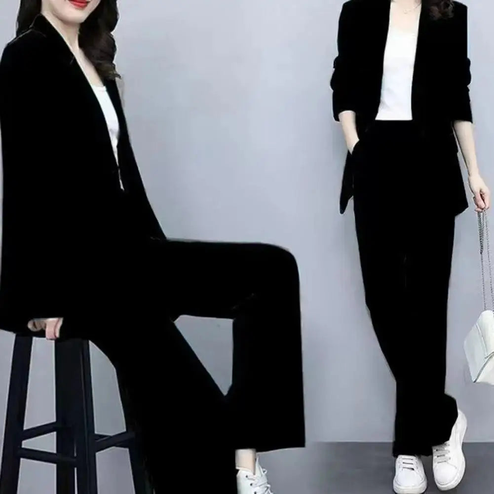 Womens Suits Fashion Single Buttons Business Blazer Solid Casual Coat Trousers 2 Pcs Set Office Ladies Wear Wide-Leg Pants Sunrise-sunsetsales