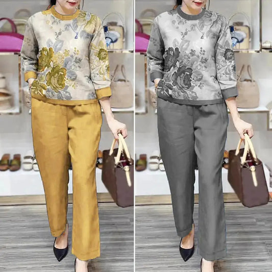 Loose Fit Women Casual Set Floral Print Women's T-shirt Pants Set with Wide Legs Pockets Stylish Spring/fall Suit for Female Sunrise-sunsetsales