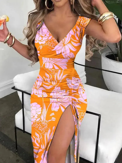 Women Elegant Spring High Split Party Dress 2022 Office Lady V Neck Slim Mid Dress Femme Sleeveless Summer Casual Dress Vestidos Sunrise-sunsetsales