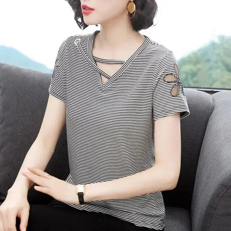 Women's Short-Sleeved T-shirt Hollow out V-neck Black Shirt Summer Loose Top Wear Woman Tshirts Tops Mujer Camisetas Sunrise-sunsetsales