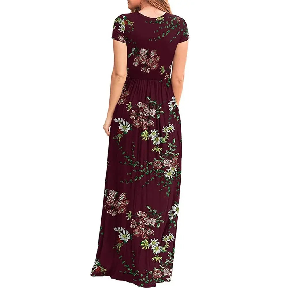 Short Sleeve Summer Pleated Empire Waist Round Neck Floral Maxi Long Pockets Dress Sunrise-sunsetsales