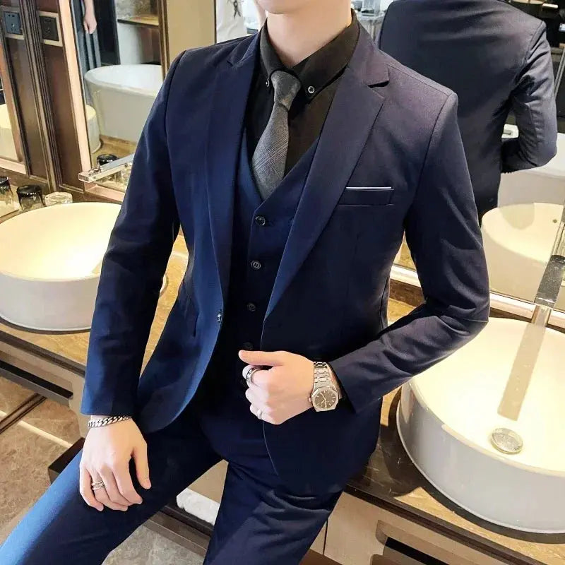 Boutique Solid Color Men's Casual Office Business Suit Three and Two Piece Set Groom Wedding Dress Blazer Waistcoat Trousers Sunrise-sunsetsales