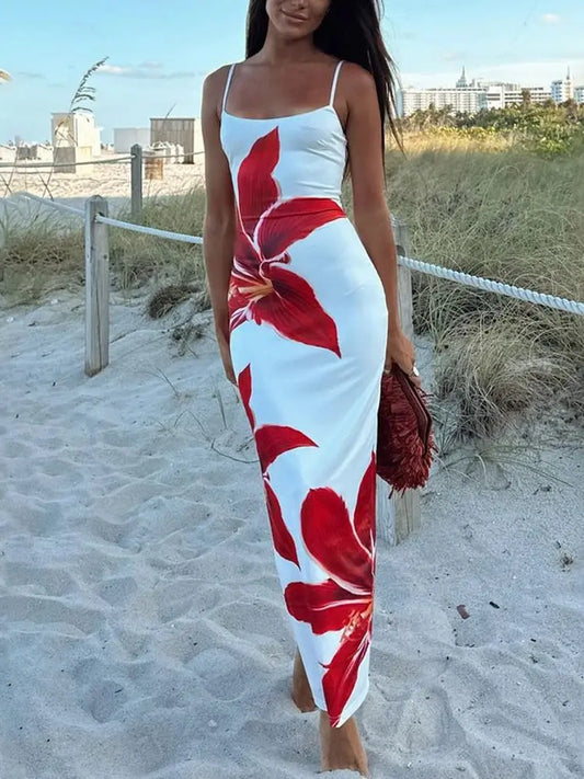 Tossy Summer Printed Maxi Dress For Women Backless Fashion Slim High Waist Spaghetti Dress Holiday Patchwork Female Long Dress Sunrise-sunsetsales