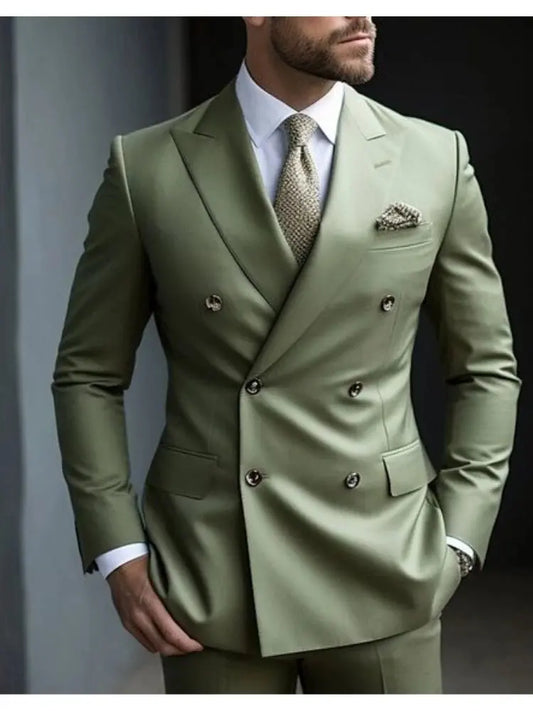 Sage Green Men's Wedding Suits Solid Color 2 Piece Daily Plus Size Double Breasted Six-buttons Formal Business Suits Sunrise-sunsetsales