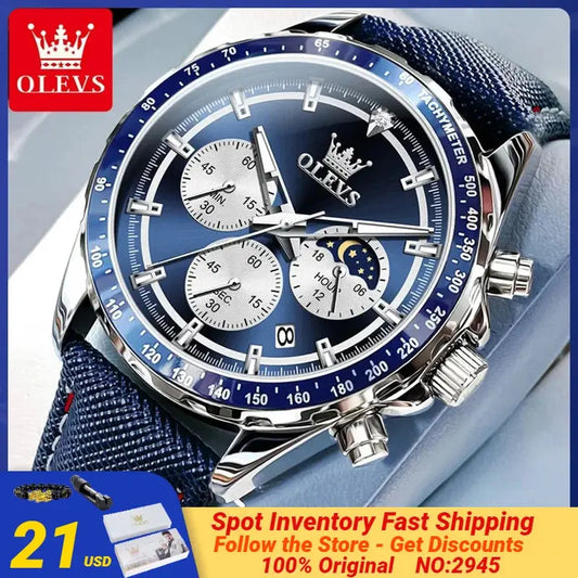 OLEVS 2945 Men's Watches Multifunctional Small Dial Design Leather Strap Waterproof High Quality Quartz Male Wristwatches NEW Sunrise-sunsetsales