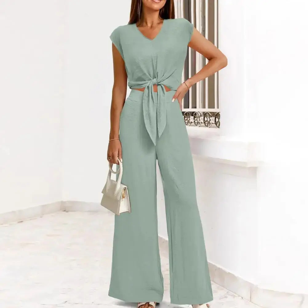 Women Top Pants Suit Elegant Lace-up Knot Women's Top Pants Set for Office Wear V Neck Short Sleeves Solid Color High for Women Sunrise-sunsetsales