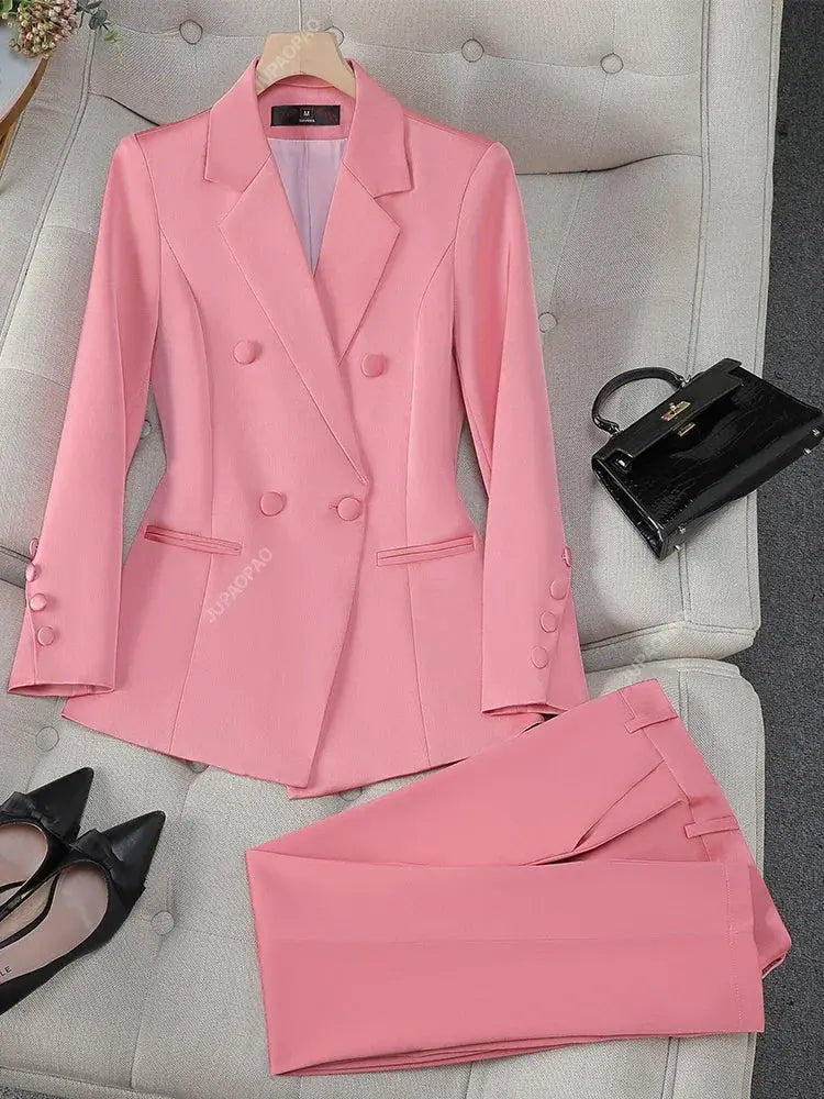 Fashion Office Ladies Formal Pant Suit Set Women Blue Pink Yellow Female Business Work Wear 2 Piece Blazer Jacket And Trouser Sunrise-sunsetsales