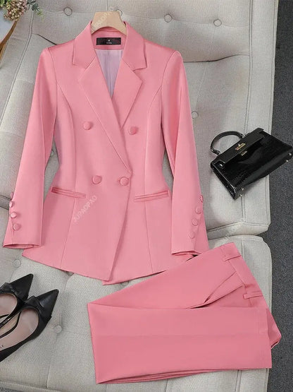 Fashion Office Ladies Formal Pant Suit Set Women Blue Pink Yellow Female Business Work Wear 2 Piece Blazer Jacket And Trouser Sunrise-sunsetsales