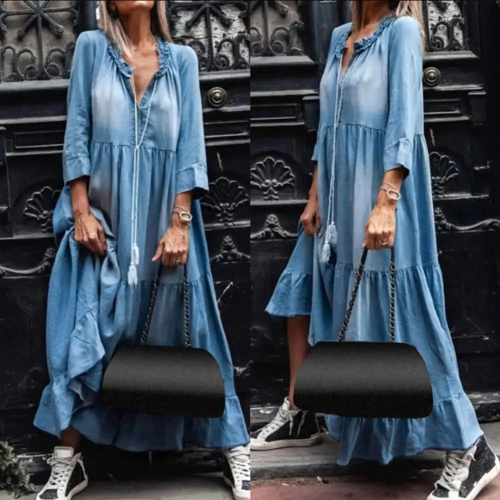 Loose 3/4 Sleeve Women Tassel Dress Vintage Lace V Neck Large Hem Maxi Denim Dress Sunrise-sunsetsales