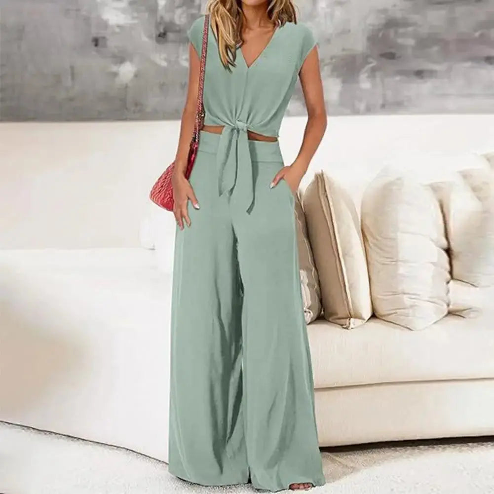 Women Top Pants Suit Elegant Lace-up Knot Women's Top Pants Set for Office Wear V Neck Short Sleeves Solid Color High for Women Sunrise-sunsetsales