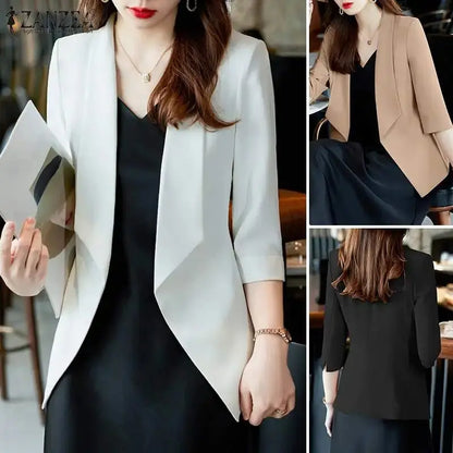 ZANZEA Elegant Women OL Work Blazer Spring Lapel Neck 3/4 Sleeve Suits Jackets Fashion Solid Office Wear Open Front Cardigan Sunrise-sunsetsales