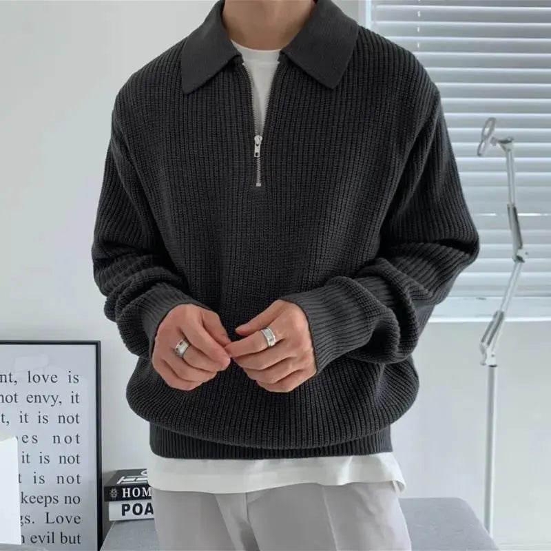 3-Color Lapel Sweater Men Warm Fashion Casual Knit Pullover Men Korean Loose Zipper Long Sleeve Sweater Mens Jumper Clothes Sunrise-sunsetsales