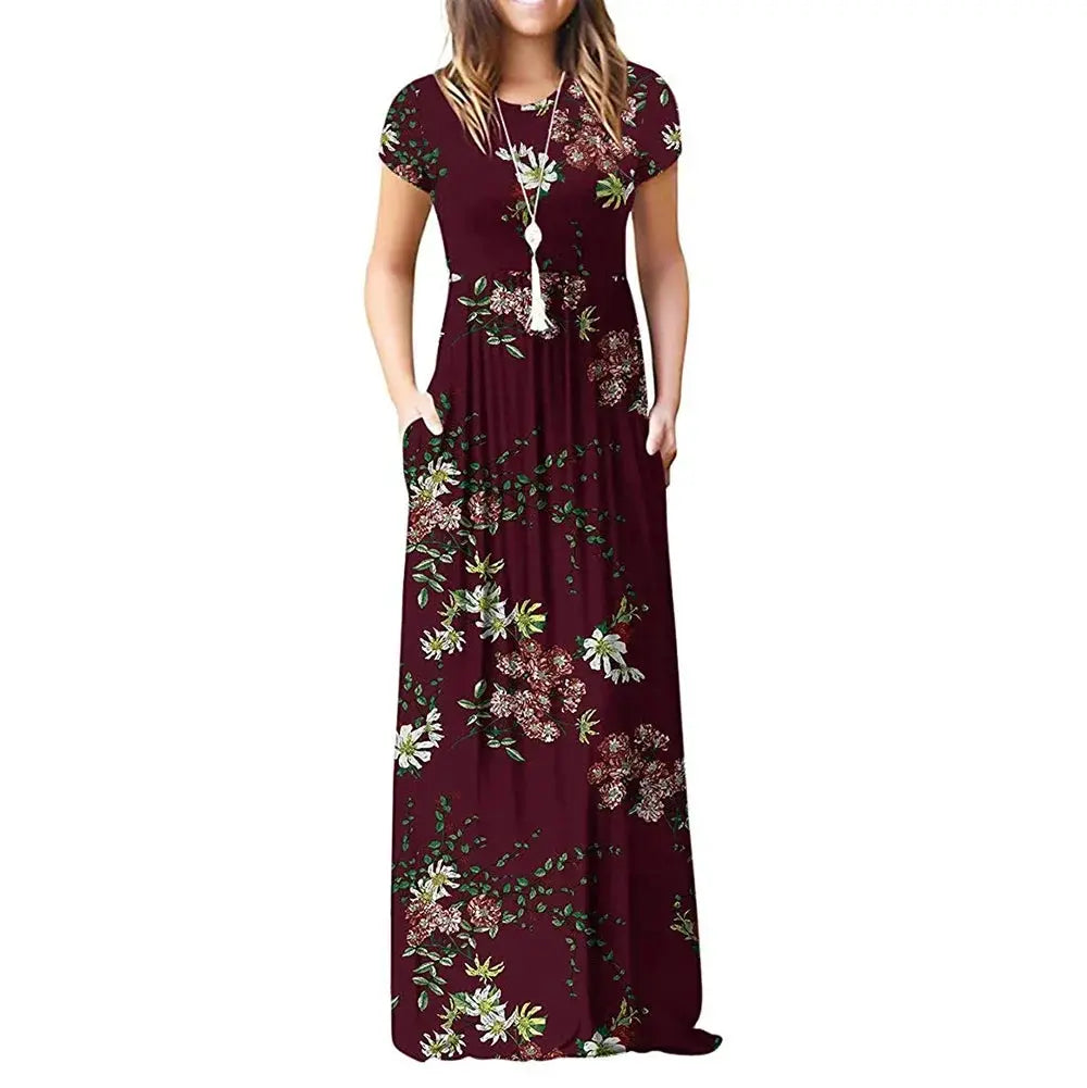 Short Sleeve Summer Pleated Empire Waist Round Neck Floral Maxi Long Pockets Dress Sunrise-sunsetsales