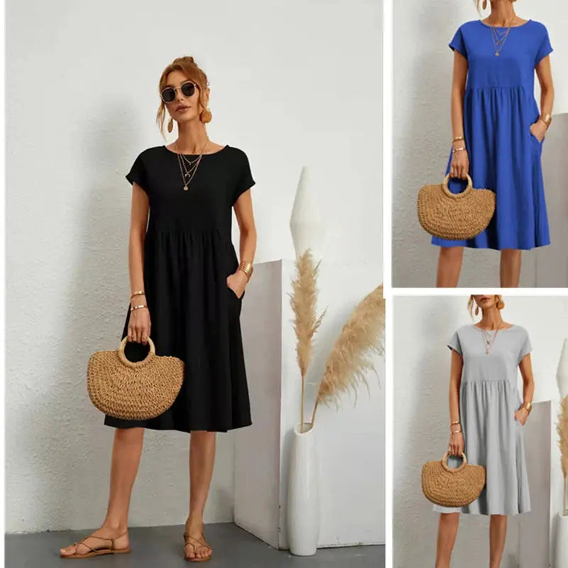 Women Vintage Solid Dress 2023 Summer Elegant O Neck Short Sleeve Cotton Linen Dresses Female Casual Loose Sundress Long Dress Sunrise-sunsetsales