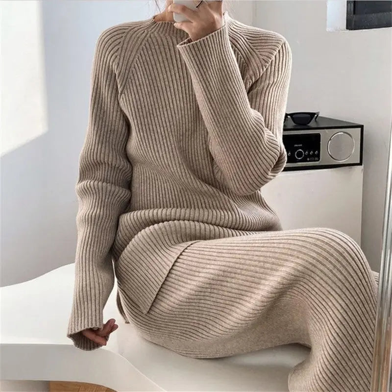 CJFHJE New Knitted Sweater Suit Women Elegant Solid O-Neck Pullovers Wide Leg Pants Suit Lady Winter Soft 2 Piece Set Homewear Sunrise-sunsetsales