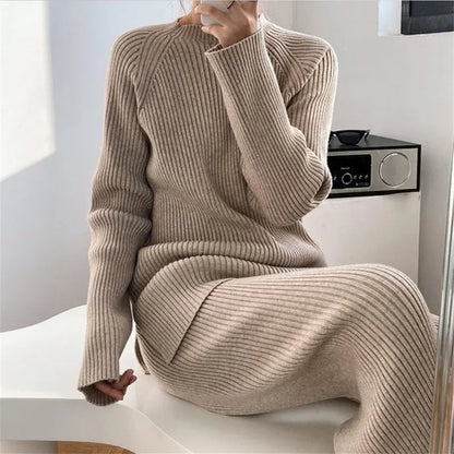 CJFHJE New Knitted Sweater Suit Women Elegant Solid O-Neck Pullovers Wide Leg Pants Suit Lady Winter Soft 2 Piece Set Homewear Sunrise-sunsetsales