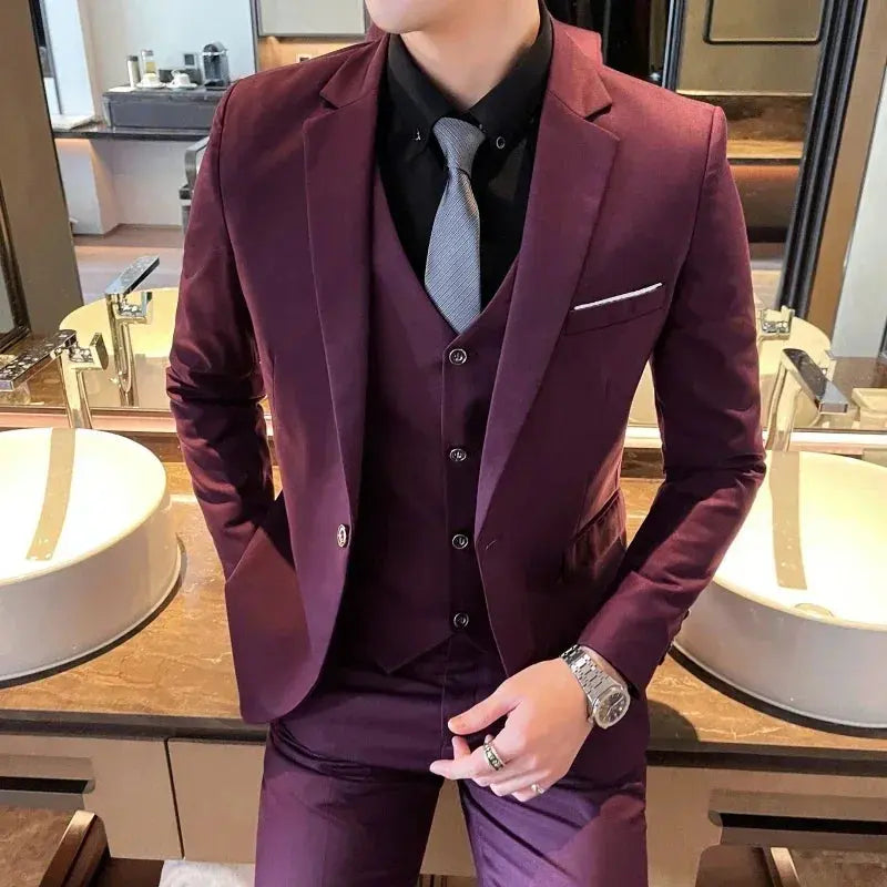 Boutique Solid Color Men's Casual Office Business Suit Three and Two Piece Set Groom Wedding Dress Blazer Waistcoat Trousers Sunrise-sunsetsales