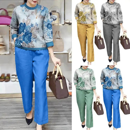 Loose Fit Women Casual Set Floral Print Women's T-shirt Pants Set with Wide Legs Pockets Stylish Spring/fall Suit for Female Sunrise-sunsetsales