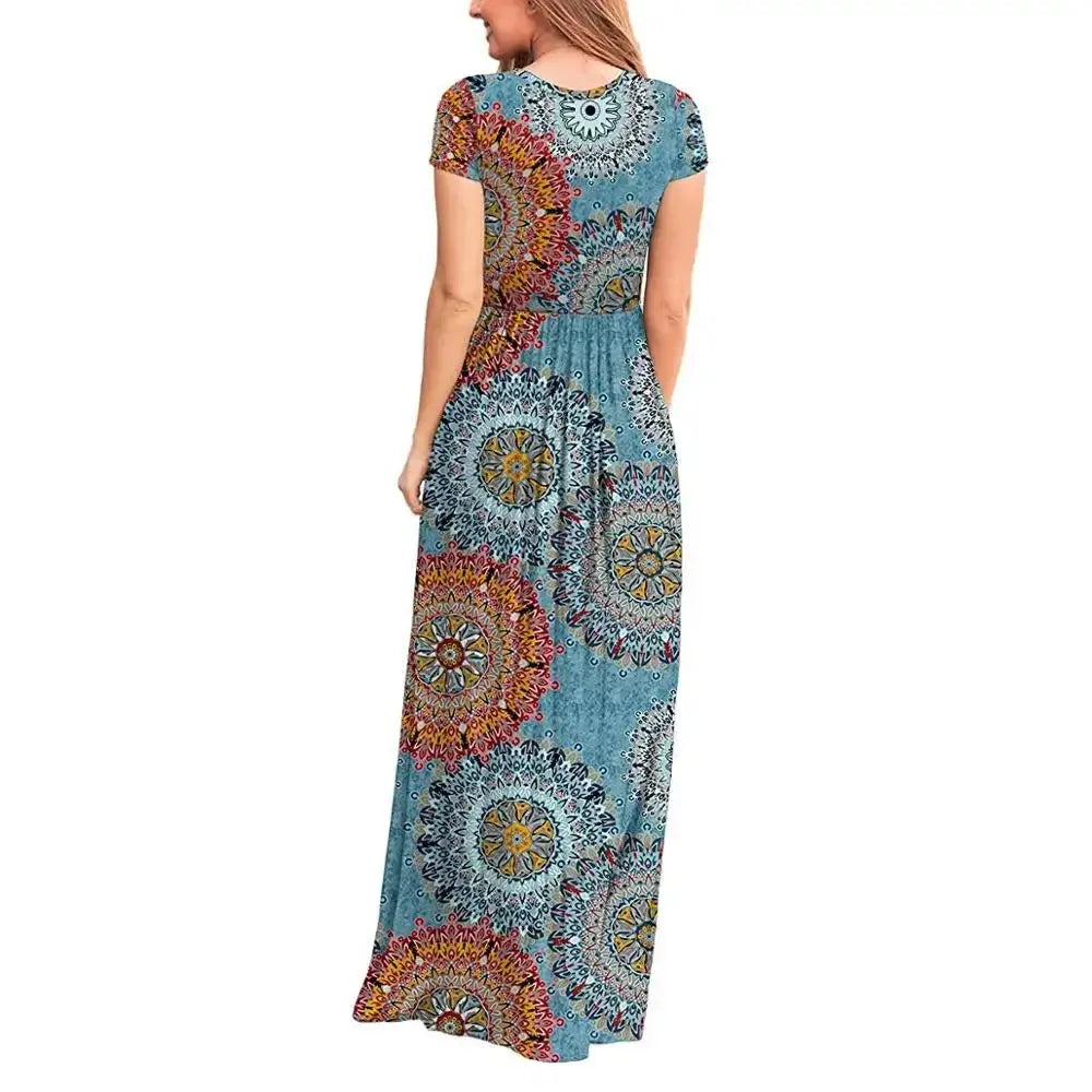 Short Sleeve Summer Pleated Empire Waist Round Neck Floral Maxi Long Pockets Dress Sunrise-sunsetsales