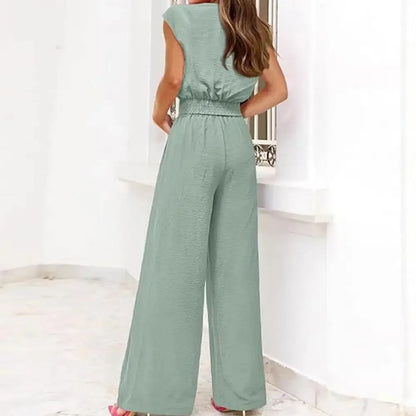 Women Top Pants Suit Elegant Lace-up Knot Women's Top Pants Set for Office Wear V Neck Short Sleeves Solid Color High for Women Sunrise-sunsetsales