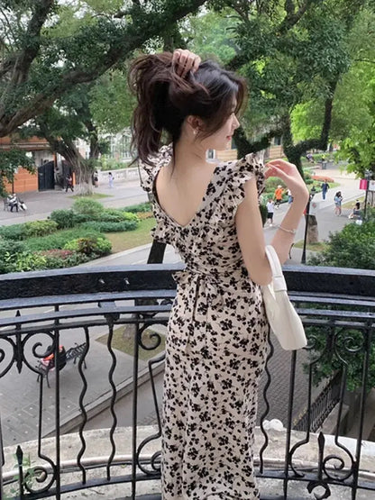 Sweet Printing Midi Dresses for Women Flying Sleeve Japan Girls Cute Floral Vintage Ruffles Beach Maxi Bodycon Dress Summer 2023 Sunrise-sunsetsales