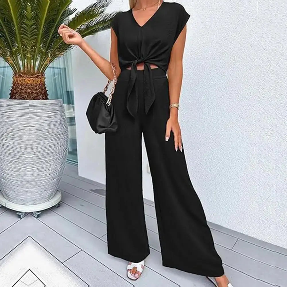 Women Top Pants Suit Elegant Lace-up Knot Women's Top Pants Set for Office Wear V Neck Short Sleeves Solid Color High for Women Sunrise-sunsetsales