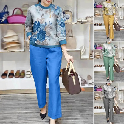 Loose Fit Women Casual Set Floral Print Women's T-shirt Pants Set with Wide Legs Pockets Stylish Spring/fall Suit for Female Sunrise-sunsetsales