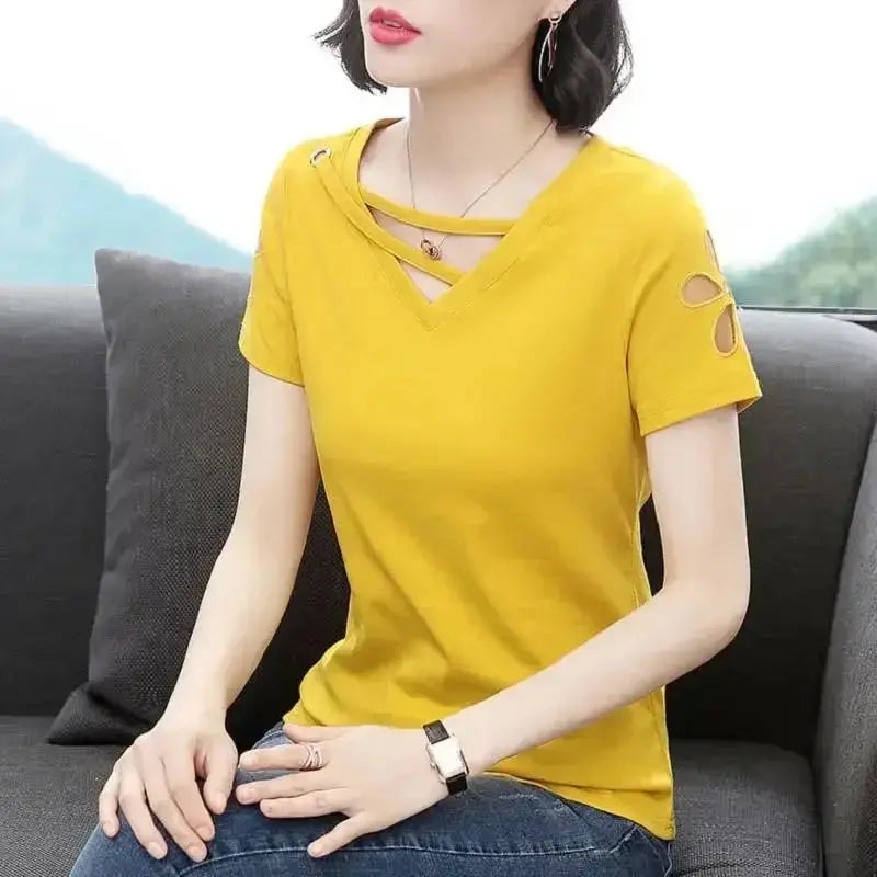 Women's Short-Sleeved T-shirt Hollow out V-neck Black Shirt Summer Loose Top Wear Woman Tshirts Tops Mujer Camisetas Sunrise-sunsetsales