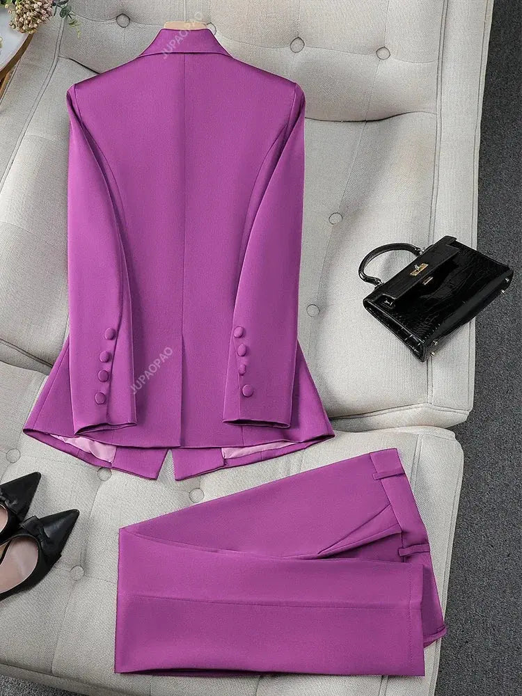 Fashion Office Ladies Formal Pant Suit Set Women Blue Pink Yellow Female Business Work Wear 2 Piece Blazer Jacket And Trouser Sunrise-sunsetsales