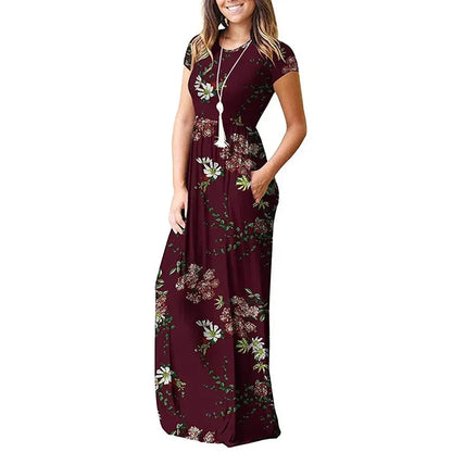 Short Sleeve Summer Pleated Empire Waist Round Neck Floral Maxi Long Pockets Dress Sunrise-sunsetsales