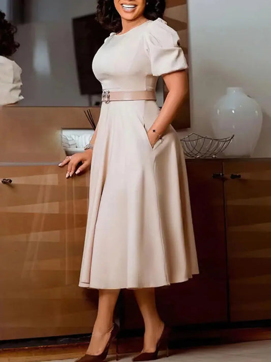 Women Elegant Midi Dress O Neck Short Lantern Sleeves High Waist Pleated Classy Female Office Ladies Work Wear Gowns Modest 2024 Sunrise-sunsetsales