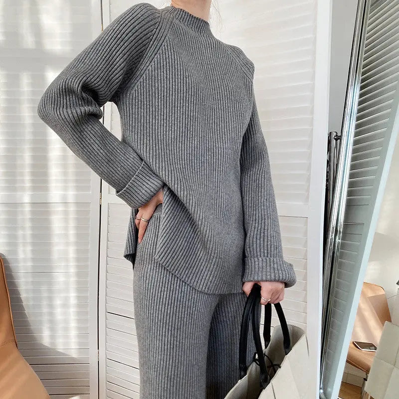 CJFHJE New Knitted Sweater Suit Women Elegant Solid O-Neck Pullovers Wide Leg Pants Suit Lady Winter Soft 2 Piece Set Homewear Sunrise-sunsetsales