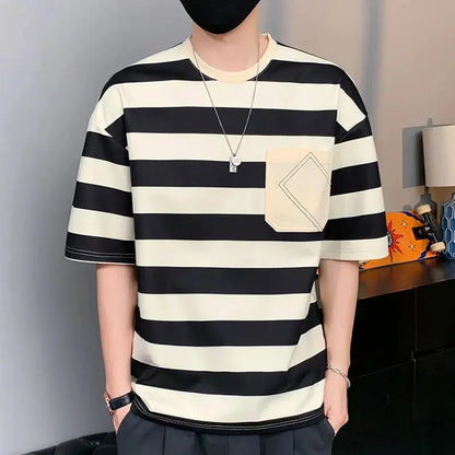 Casual Short Sleeve T Shirt Men'S For 2024 Summer Tshirt Top Tees Striped Brand Fashion HIP HOP Clothes OverSize 3XL T-Shirt Sunrise-sunsetsales