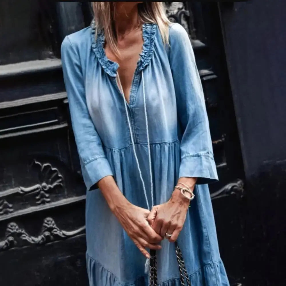 Loose 3/4 Sleeve Women Tassel Dress Vintage Lace V Neck Large Hem Maxi Denim Dress Sunrise-sunsetsales