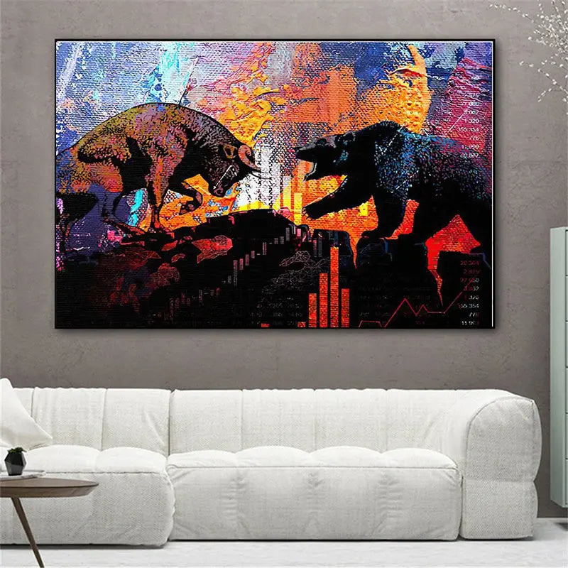 Bull And Bear Oil Color Wall Art Poster Canvas Painting Sunrise-sunsetsales