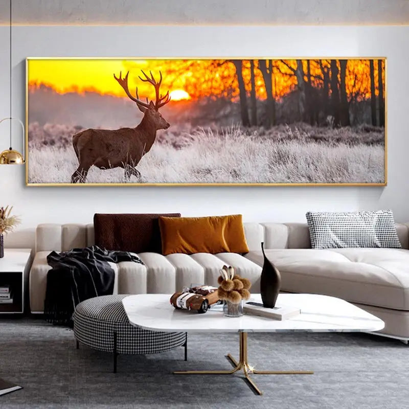 Sunset Landscape Wall Art Poster And Print Deer In Forest Canvas Painting Sunrise-sunsetsales