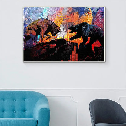 Bull And Bear Oil Color Wall Art Poster Canvas Painting Sunrise-sunsetsales