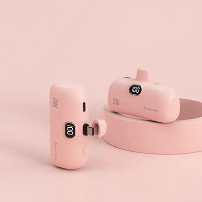 Pink Pocket Wireless Capsule power bank with Apple cable, mini fast charge portable power source with digital display