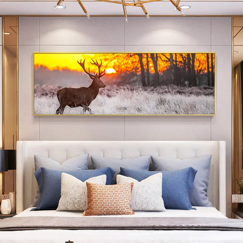 Sunset Landscape Wall Art Poster And Print Deer In Forest Canvas Painting Sunrise-sunsetsales