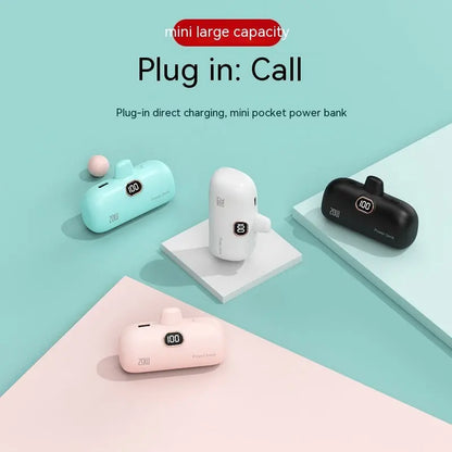 Colorful Pocket Wireless Capsule Power Banks in mint, white, and black for fast charging with digital display, mini large capacity, and plug-in charging